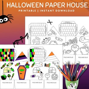 DIY Haunted House 3D Printable Craft für Kinder, Papierhaus Kinder Malseite Hexenhaus Dekor, gruseliges Halloween Papierhaus zum Ausmalen.
