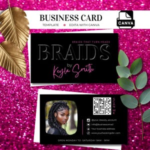 Hair Braider Visitenkarte Vorlage - Bearbeitbares Canva Design für Beauty Professionals, DIY Haar Visitenkarte Vorlage, Braid Business, BC18.