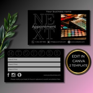 Modelo de cartão de consulta para maquiador, cartão de cliente de beleza editável e imprimível, lembrete de reserva de salão personalizado, cartão para maquiadores AP07.