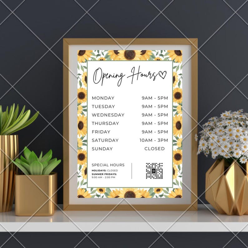 Editable Store Hours Sign Template: Sunflower Design (digital Download ...