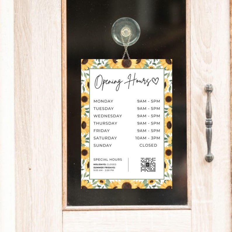 Editable Store Hours Sign Template: Sunflower Design (digital Download ...