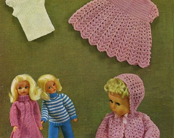 Vintage Dolls Outfit for 12"-14" Doll, (includes) Trousers, Cable Dress, Baby Doll Outfit, Knitting Pattern, 1970 (PDF) Pattern, Wendy 893