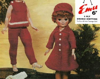 Vintage Doll's Outfit, for 20" Teenage Doll, (Knickers, Trews, Smock, Dress, Coat, Hat) Knitting Pattern, 1960 (PDF) Pattern, Emu 6118