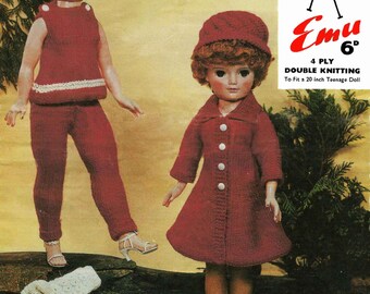 Vintage Doll's Outfit, for 20" Teenage Doll, (Knickers, Trews, Smock, Dress, Coat, Hat) Knitting Pattern, 1960 (PDF) Pattern, Emu 6118