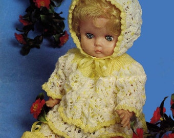 Vintage Lacy Dolls Outfit, 16" (41cm) Doll, Including; Dress, Coat, Bonnet, Booties, Knitting Pattern, 1960/1970 (PDF) Pattern, Patons 1230