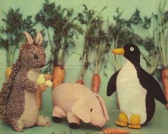 Vintage Soft Toys, (Pig, Penguin, Squirrel) Knitting Pattern, 1960 (PDF) Pattern, Lavenda 909
