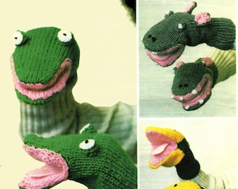 Vintage Hand Puppets, Animal Mitts (Frog,Hiippo,Bird) Knitting Pattern, 1960 (PDF) Pattern, Sirdar 3319