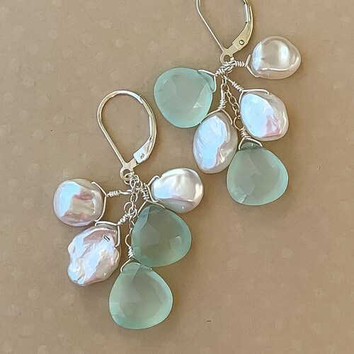Beach Wedding Earrings Blue Chalcedony Keshi Pearl Earring Etsy
