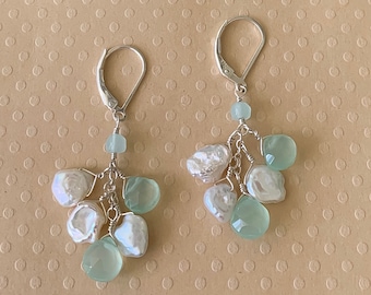 Aqua Blue Chaldedony Keshi Pearl Earrings, Beach Wedding Jewelry, Small Dangle Earrings