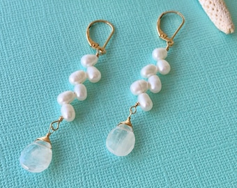 Beach Wedding Jewelry, Moonstone, Freshwater Pearl, Long Dangle Earrings