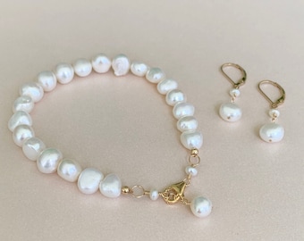 Freshwater Pearl Bracelet Earrings Set, Beach Wedding Jewelry, Brides, Bridesmaids