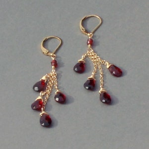 January Birthstone Earrings, Rose Gold Filled, Red Garnet Earrings, Rose Gold Filled, Long Dangle Earrings, Red Gemstone