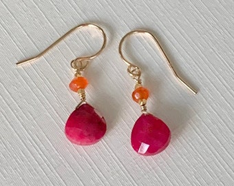 Ruby Earrings, July birthstone, Fuchsia Ruby and Carnelian small dangle earrings