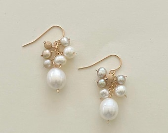 Freshwater Pearl Dangle Earrings, Champagne Pearl Cluster Earrings, Bridal Jewelry