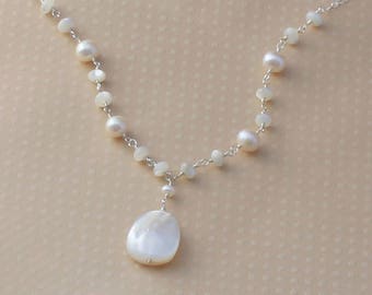 Mother of Pearl Necklace, Beach Wedding Necklace, Beach Bride, Large Pendant, Freshwater Pearl