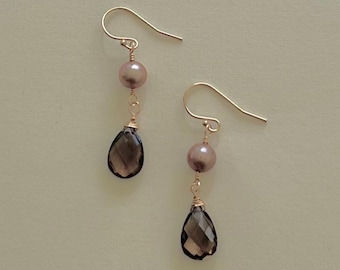 Smoky Quartz Earrings, Brown Pearl Earring, Freshwater Pearl Dangle Earrings