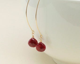 Red Ruby Earrings, July Birthstone, Long Dangle Earrings, Dark Pink Ruby Earrings