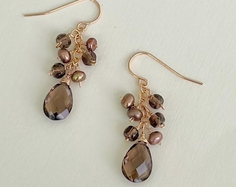 Smoky Quartz Dangle Earrings, Brown Freshwater Pearl Earring