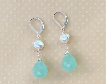 Keshi Pearl Aqua Blue Quartz Earrings, Beach Wedding Jewelry, Beach Bridesmaid Earrings, Sterling Silver Leverbacks