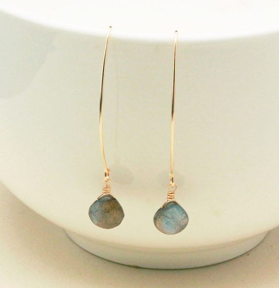 Labradorite Earrings, Long Dangle Drop Earrings, Silver Gold or Rose Gold Filled Earring Wires