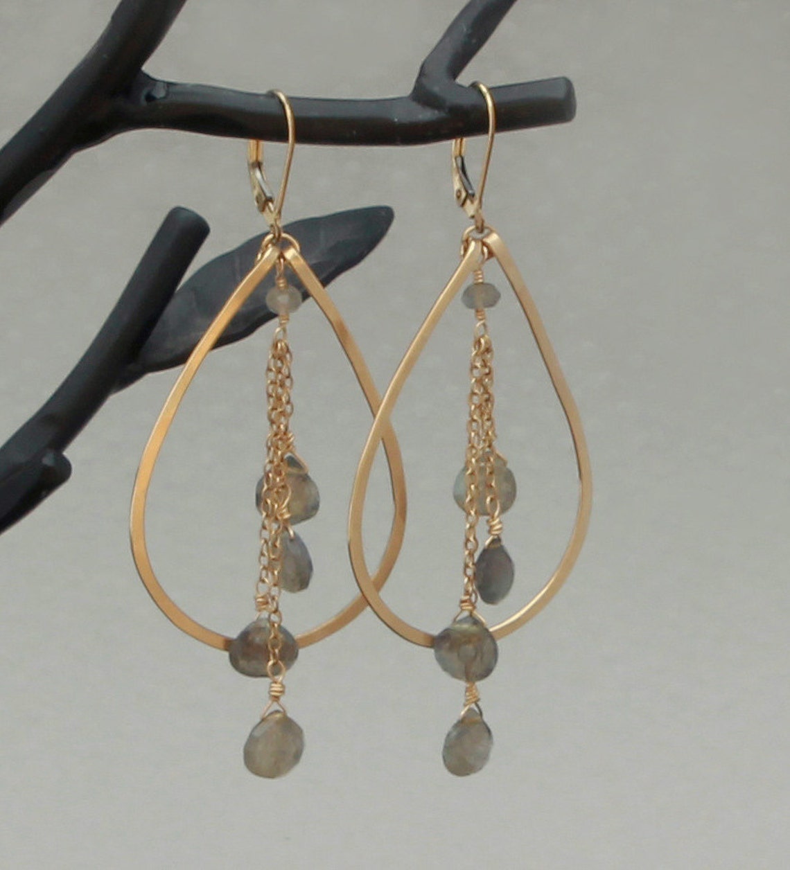 Labradorite Earrings Teardrop Hoop Earrings Gold or Silver Etsy