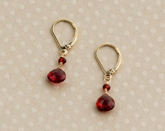 Red Garnet Earrings, January Birthstone, AA Garnet, Small Dangle Earrings, Gold Leverback, Garnet Jewelry