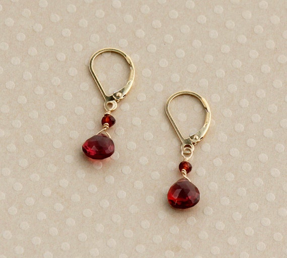 Red Garnet Earrings, January Birthstone, AA Garnet, Small Dangle Earrings, Gold Leverback, Garnet Jewelry
