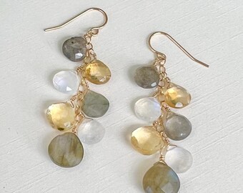 Labradorite, Citrine & Moonstone Long Dangle Earrings