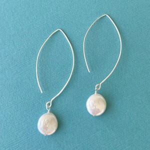 Coin Pearl Earrings, Long Coin Pearl Earring, Freshwater Coin Pearl, Silver, Rose Gold or Gold Filled, Long Pearl Drop Earrings image 2
