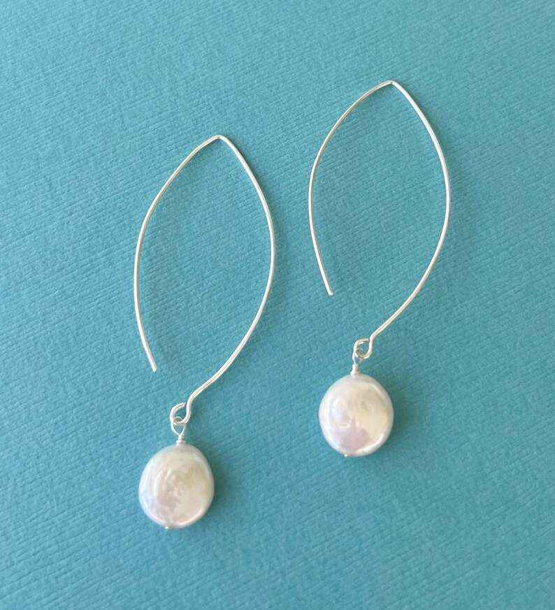 Coin Pearl Earrings, Long Coin Pearl Earring, Freshwater Coin Pearl, Silver, Rose Gold or Gold Filled, Long Pearl Drop Earrings image 2