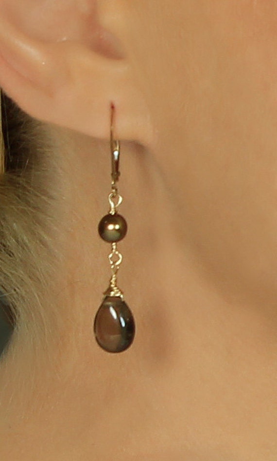 Brown Earring, Smoky Quartz & Chocolate Pearl Earrings, Smoky Quartz Earring, Leverback, Brown Bridesmaid Jewelry