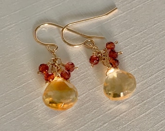 Yellow Citrine Earrings, Garnet Earrings, Small Dangle Earrings, November Birthstone