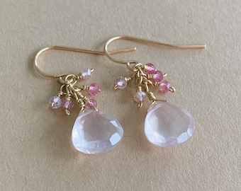 Pink Dangle Earrings, Rose Quartz, Pink Tourmaline, Small Drop Earrings October Birthstone