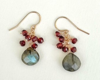 May include: A pair of gold-colored dangle earrings. Each earring features a cluster of small, dark red beads above a teardrop-shaped, gray-green stone. The earrings have a simple hook design.