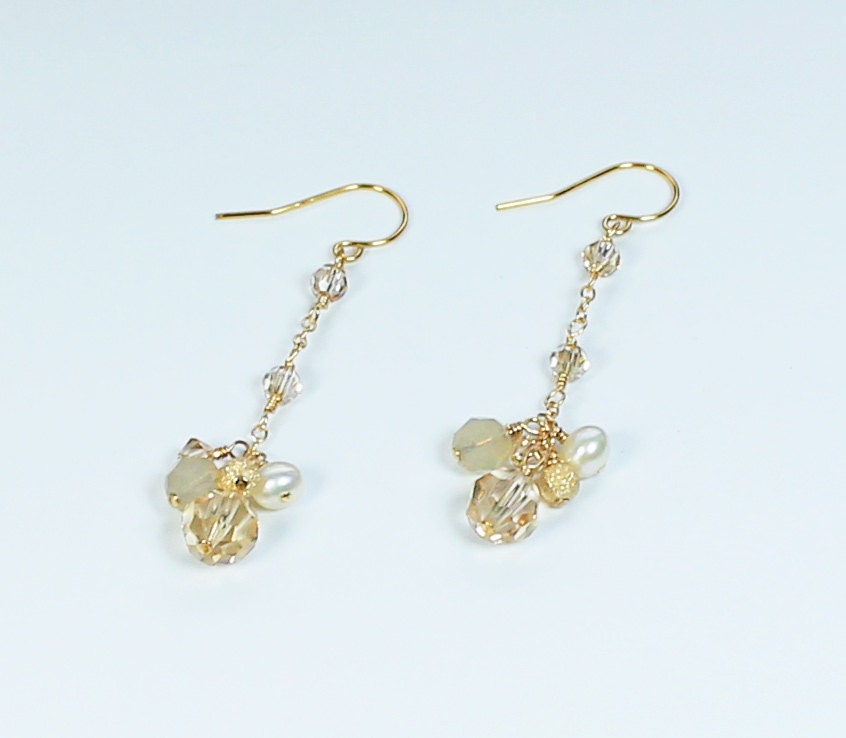 Champagne Crystal Earring Pearl Bridesmaid Jewelry Long - Etsy