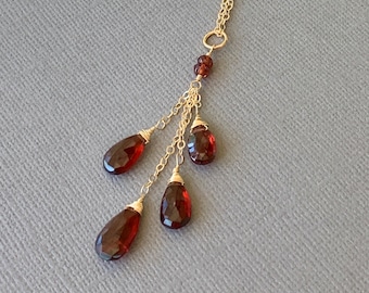 Red Garnet Very Long Pendant Necklace, Silver, Gold or Rose Gold Filled, January Birthstone