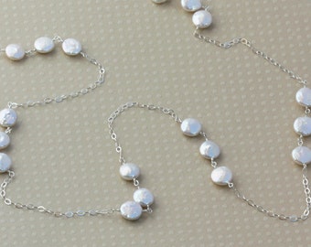 Long Coin Pearl Necklace, Silver or Gold, Beach Wedding Jewelry, Beachy Bridal, Unique Gifts for Her, Coin Pearl Jewelry