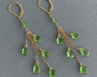Green peridot Long Dangle Earrings, August Birthstone Jewelry