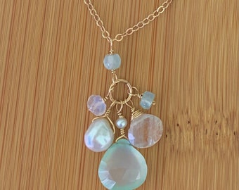 Beach Wedding Necklace, Aqua Blue Chalcedony, Moonstone, Keshi Pearls