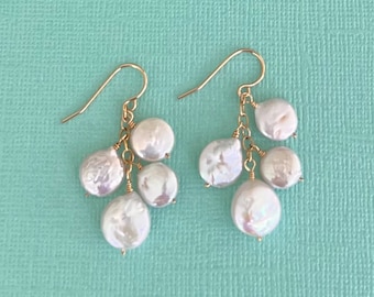 White Freshwater Pearl Earrings, Coin Pearl, Dangle Earrings