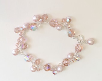 Blush Pink Pearl and Crystal Bracelet, Light Pink Bracelet, Pale Pink Bridal Bridesmaid Bracelet