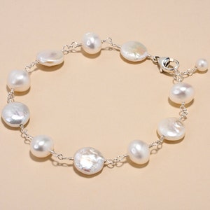Coin Pearl Bracelet, Beach Wedding Jewelry, White Freshwater Pearl Bracelet, Sterling Silver, Beach Bride Bracelet, Beach Bridesmaid Gift