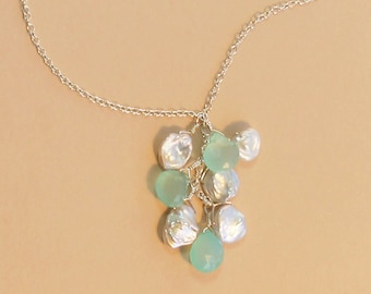 Beach Wedding Necklace, Beachy Bridal Jewelry, Aqua Blue Chalcedony Necklace, Keshi Pearl Necklace, Beach Wedding Jewelry