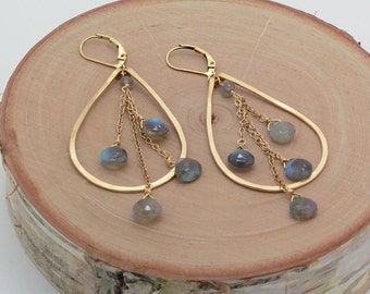 Labradorite Earrings, Teardrop Hoop Earrings, Gold or Silver, Gray Labradorite Earring