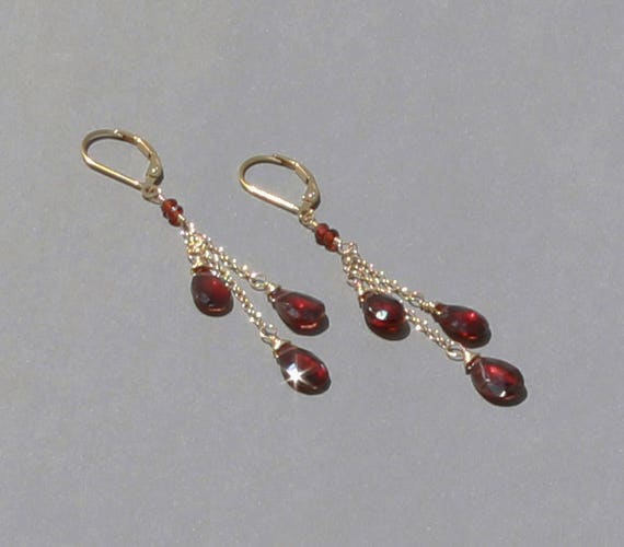 Red Garnet Earrings, Long Dangle Earring, January Birthstone, Silver, Gold or Rose Gold Filled, Leverbacks