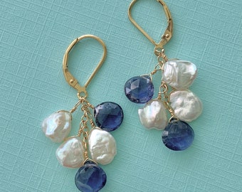 Blue Iolite Keshi Pearl Earrings, Beach Wedding Jewelry, Leverbacks