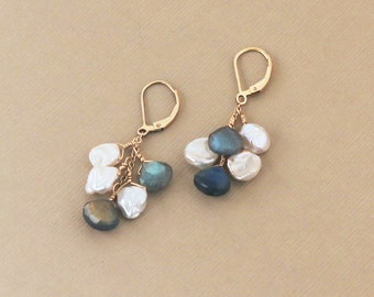 Labradorite Earrings, Keshi Pearl, Dangle Earrings, Labradorite, Keshi Pearl Earrings, Gold or Rose Gold Filled, Gray Earrings