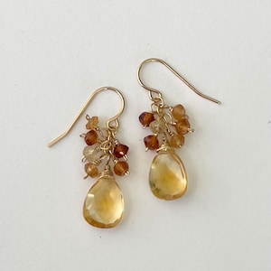 Yellow Citrine Drop Earrings, Hessonite Garnet Dangle Earring
