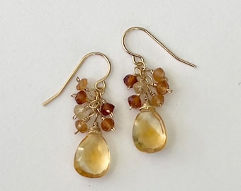 Yellow Citrine Drop Earrings, Hessonite Garnet Dangle Earring