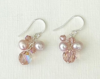 Blush pink earrings, Swarovski Crystal, Pink Freshwater Pearl, Small Dangle Earrings